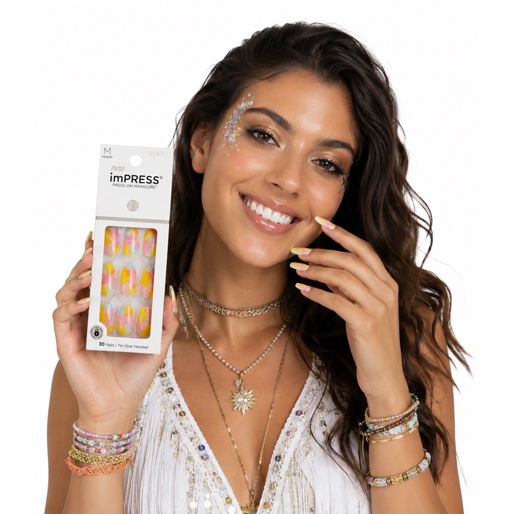 KISS imPRESS Press-On Manicure Nails PureFit‎ Pink Yellow Tie Dye Glitter 105-38